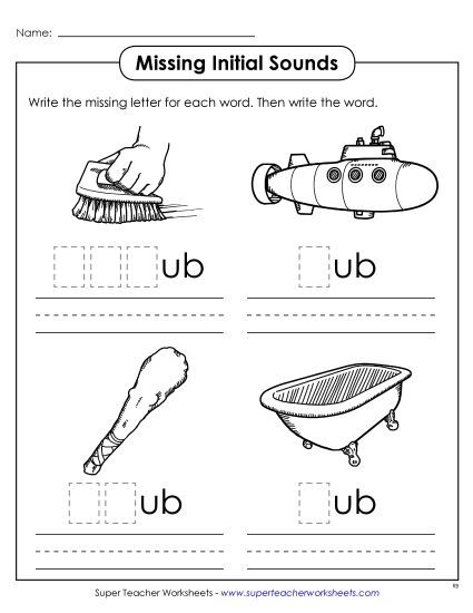 Worksheets - Missing Initial Sounds (-ub) (Printable PDF Worksheet)