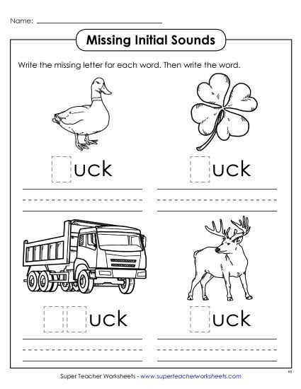 Worksheets - Missing Initial Sounds (-uck) (Printable PDF Worksheet)