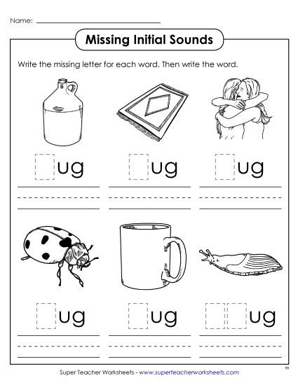 Worksheets - Missing Initial Sounds (-ug) (Printable PDF Worksheet)