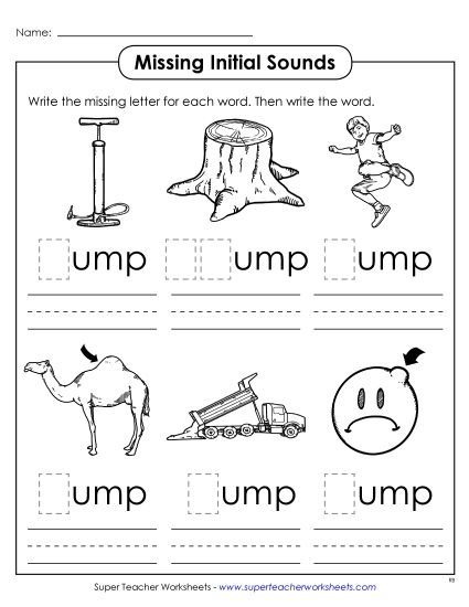 Worksheets - Missing Initial Sounds (-ump) (Printable PDF Worksheet)
