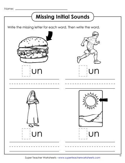 Worksheets - Missing Initial Sounds (-un) (Printable PDF Worksheet)
