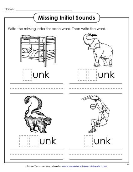 Worksheets - Missing Initial Sounds (-unk) (Printable PDF Worksheet)