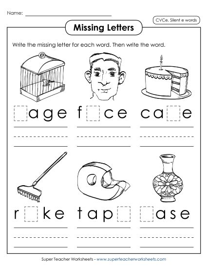Missing Letters - Missing Letters 1 (Silent E) (Printable PDF Worksheet)