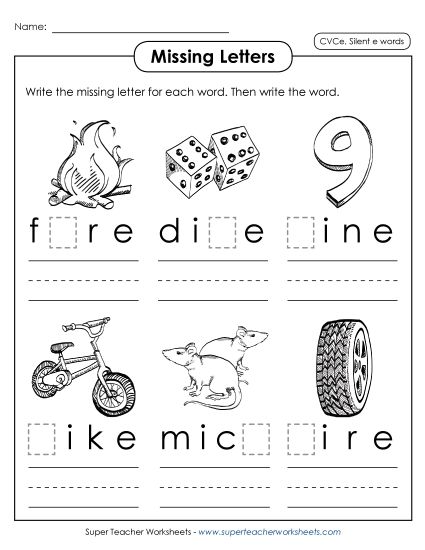 Missing Letters - Missing Letters 2 (Silent E) (Printable PDF Worksheet)