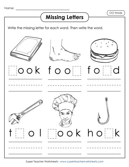 Missing Letter Worksheets - Missing Letters Activity (OO Words) (Printable PDF Worksheet)