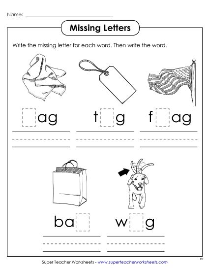 Worksheets - Missing Letters (-ag) (Printable PDF Worksheet)