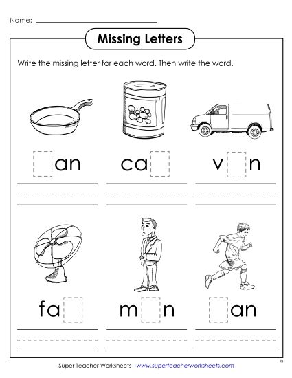 Worksheets - Missing Letters (-an) (Printable PDF Worksheet)