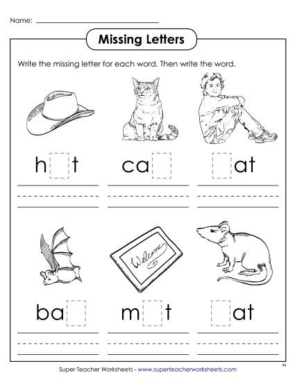 Worksheets - Missing Letters (-at) (Printable PDF Worksheet)