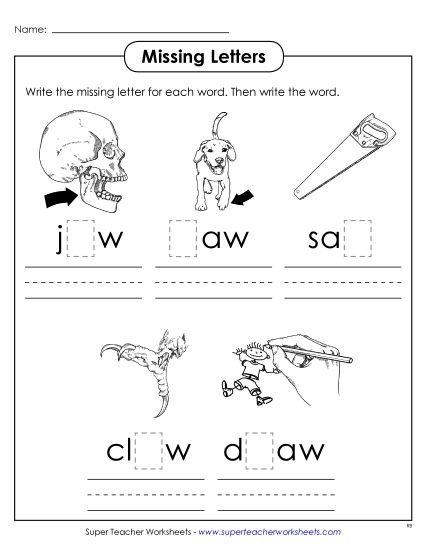 Worksheets - Missing Letters (-aw) (Printable PDF Worksheet)