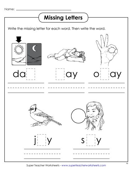Worksheets - Missing Letters (-ay) (Printable PDF Worksheet)