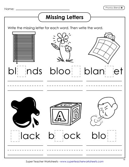 Worksheets - Missing Letters (Bl- Words) (Printable PDF Worksheet)