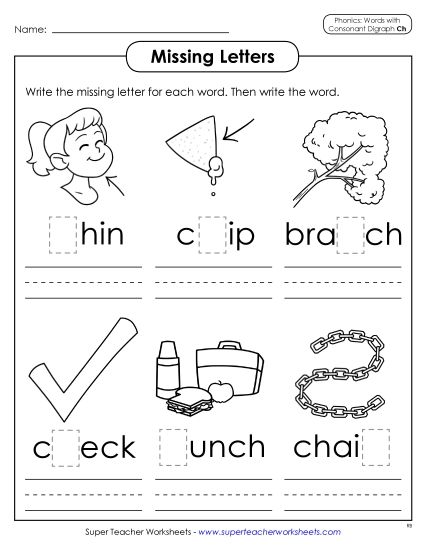 Worksheets - Missing Letters (CH Words) (Printable PDF Worksheet)