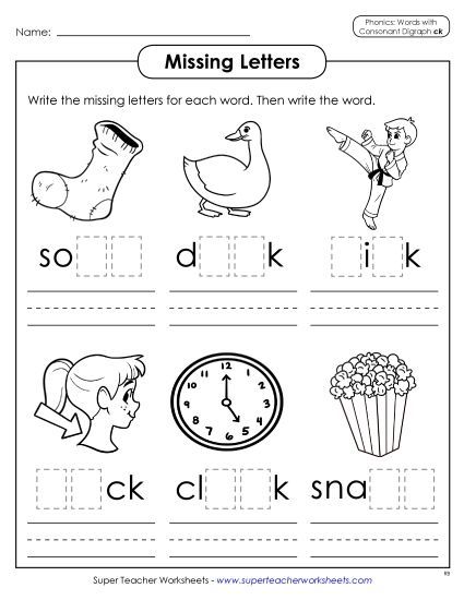 Worksheets - Missing Letters (CK Words) (Printable PDF Worksheet)