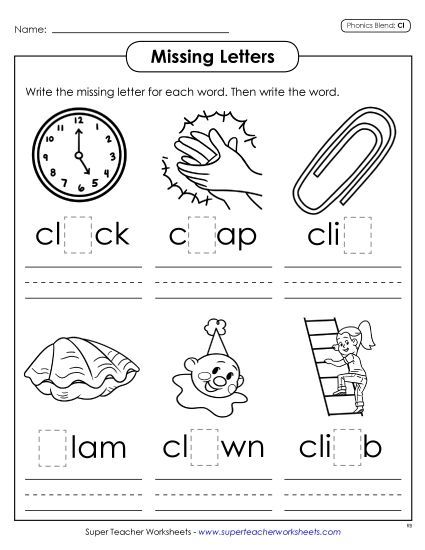 Worksheets - Missing Letters (Cl- Words) (Printable PDF Worksheet)