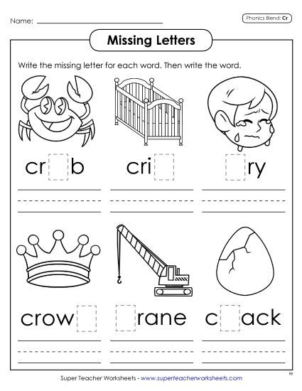 Worksheets - Missing Letters (Cr- Words) (Printable PDF Worksheet)