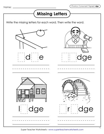 Worksheets - Missing Letters (-dge Words) (Printable PDF Worksheet)