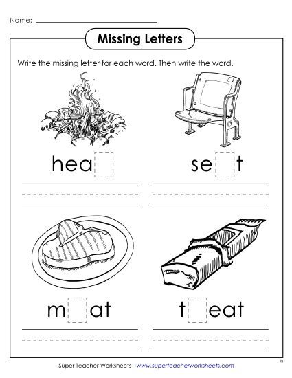 Worksheets - Missing Letters (-eat) (Printable PDF Worksheet)