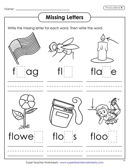Worksheets - Missing Letters (Fl- Words) (Printable PDF Worksheet)
