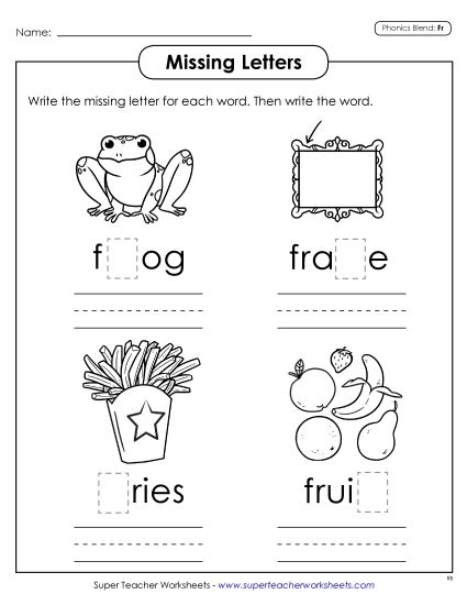 Worksheets - Missing Letters (Fr- Words) (Printable PDF Worksheet)