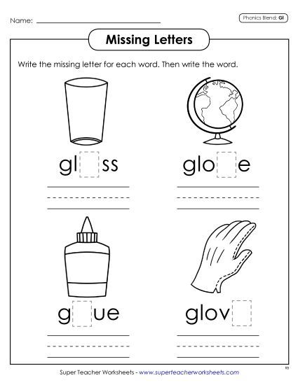 Worksheets - Missing Letters (Gl- Words) (Printable PDF Worksheet)
