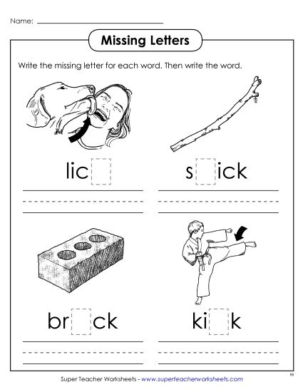 Worksheets - Missing Letters (-ick) (Printable PDF Worksheet)