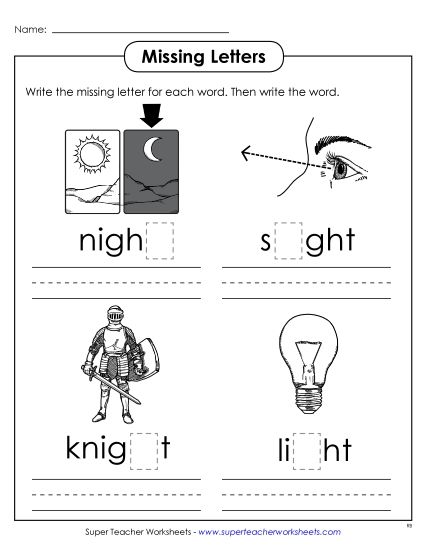 Worksheets - Missing Letters (-ight) (Printable PDF Worksheet)