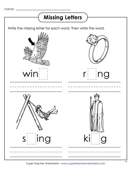 Worksheets - Missing Letters (-ing) (Printable PDF Worksheet)