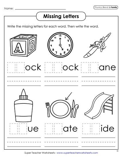 Worksheets - Missing Letters (L - Blends) (Printable PDF Worksheet)