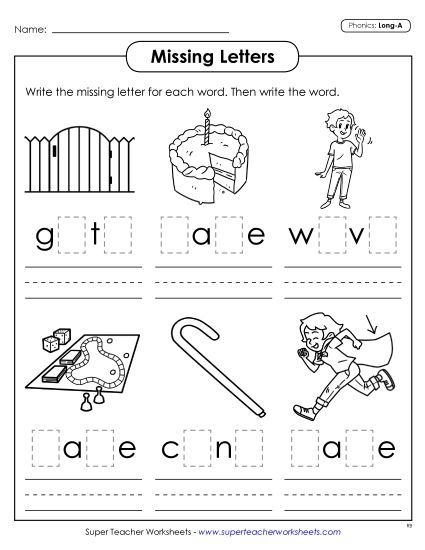 Worksheets - Missing Letters (Long A) (Printable PDF Worksheet)