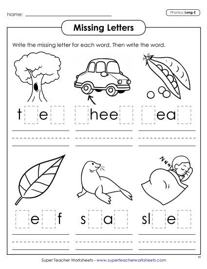 Worksheets - Missing Letters (Long E) (Printable PDF Worksheet)