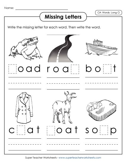 Missing Letter Worksheets - Missing Letters (OA Words) (Printable PDF Worksheet)