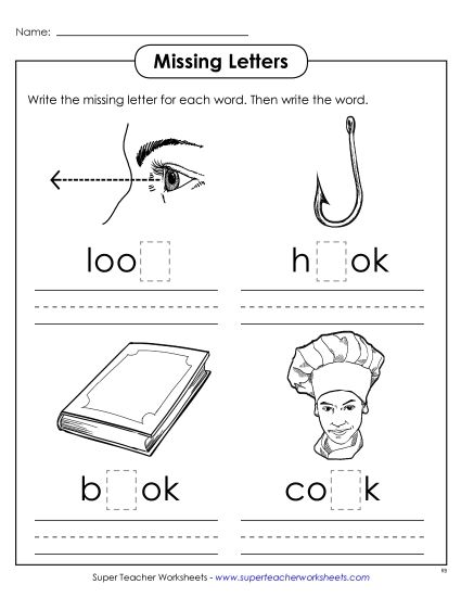 Worksheets - Missing Letters (-ook) (Printable PDF Worksheet)