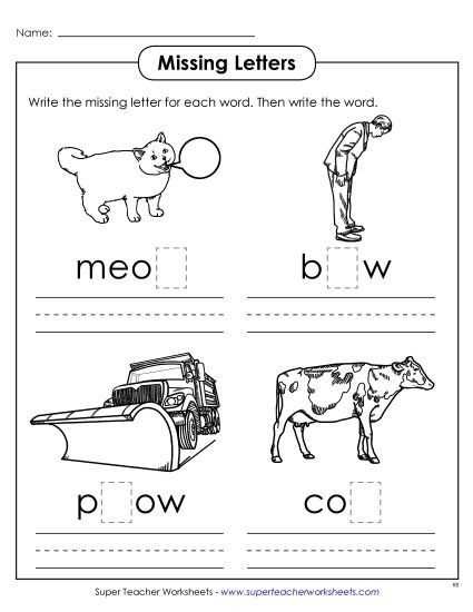/ow/ Sound (as in Cow) - Missing Letters (-ow) (Printable PDF Worksheet)