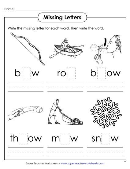 Long-O Sound (as in Grow) - Missing Letters (-ow) (Printable PDF Worksheet)