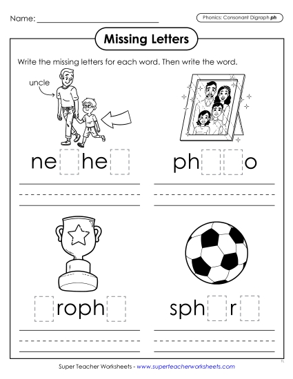 Worksheets  - Missing Letters (PH Words) (Printable PDF Worksheet)