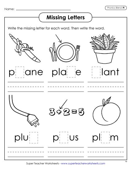 Worksheets - Missing Letters (Pl- Words) (Printable PDF Worksheet)