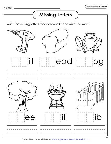 Worksheets - Missing Letters (R - Blends) (Printable PDF Worksheet)
