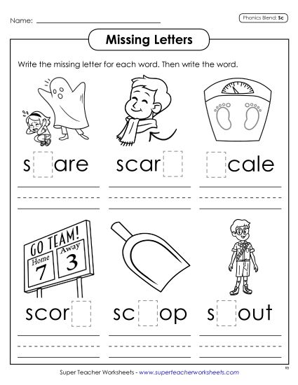 Worksheets - Missing Letters (Sc- Words) (Printable PDF Worksheet)