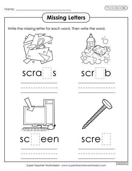 Worksheets - Missing Letters (Scr- Words) (Printable PDF Worksheet)
