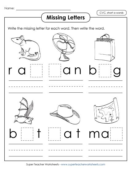 Worksheets - Missing Letters (Short A) (Printable PDF Worksheet)