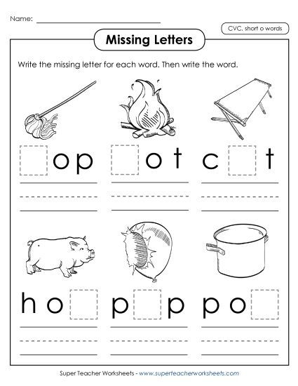 Missing Letters - Missing Letters (Short O Words) (Printable PDF Worksheet)