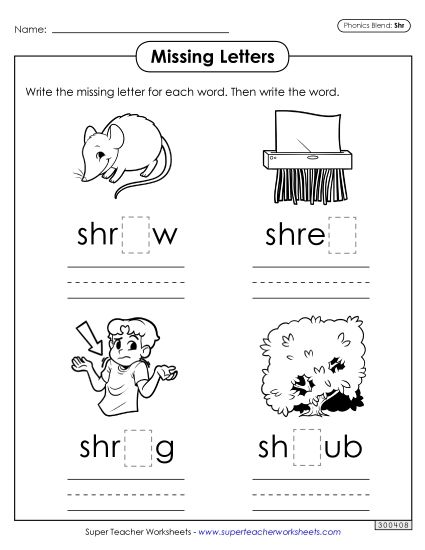 Worksheets - Missing Letters (Shr- Words) (Printable PDF Worksheet)