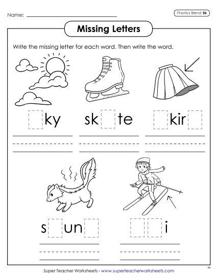 Worksheets - Missing Letters (Sk- Words) (Printable PDF Worksheet)