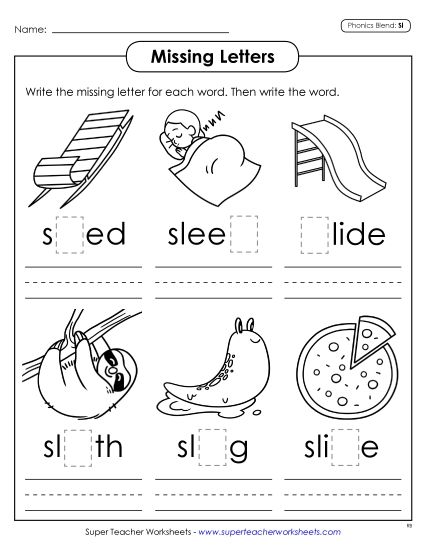 Worksheets - Missing Letters (Sl- Words) (Printable PDF Worksheet)