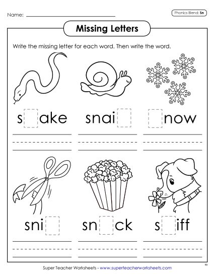 Worksheets - Missing Letters (Sn- Words) (Printable PDF Worksheet)