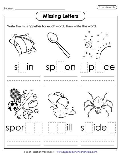 Worksheets - Missing Letters (Sp- Words) (Printable PDF Worksheet)