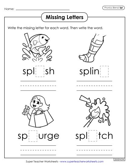 Worksheets - Missing Letters (Spl- Words) (Printable PDF Worksheet)