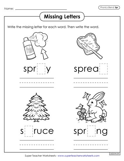 Worksheets - Missing Letters (Spr- Words) (Printable PDF Worksheet)