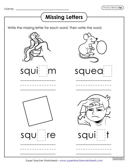 Worksheets - Missing Letters (Squ- Words) (Printable PDF Worksheet)