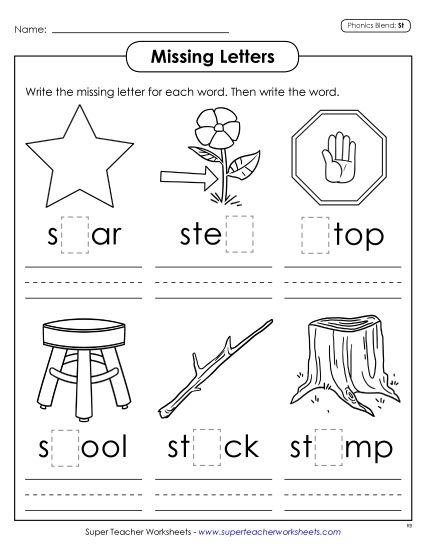 Worksheets - Missing Letters (St- Words) (Printable PDF Worksheet)
